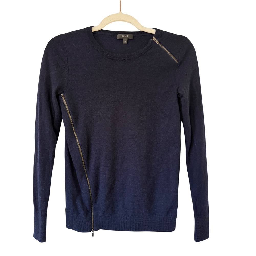 J.Crew Asymmetrical Zip Merino Wool Sweater Size XS Navy Blue Excellent Pullover